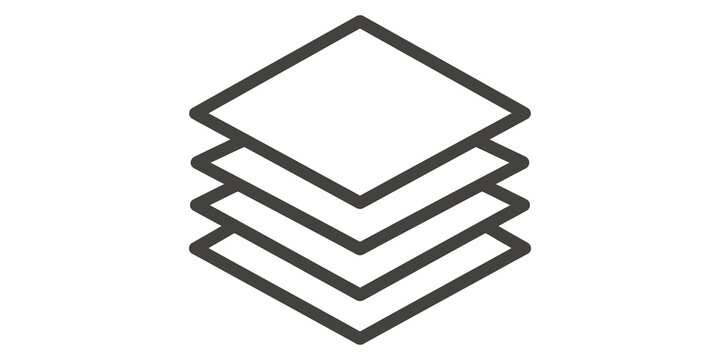 Stack of four square layers icon dark grey symbol for software interface.
