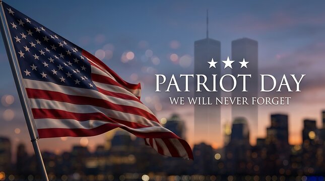 American flag flies in foreground against backdrop of twin towers and city skyline on patriot day we will never forget.