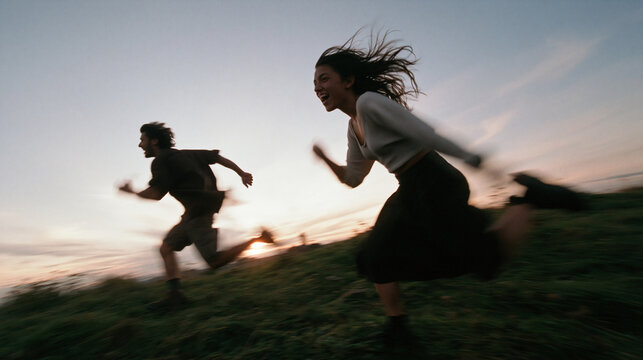 Carefree Couple Running Together on Grassy Hill at Sunset
