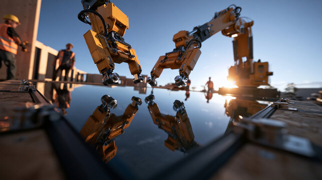 Robotic Arms Installing Glass Panel on Construction Site