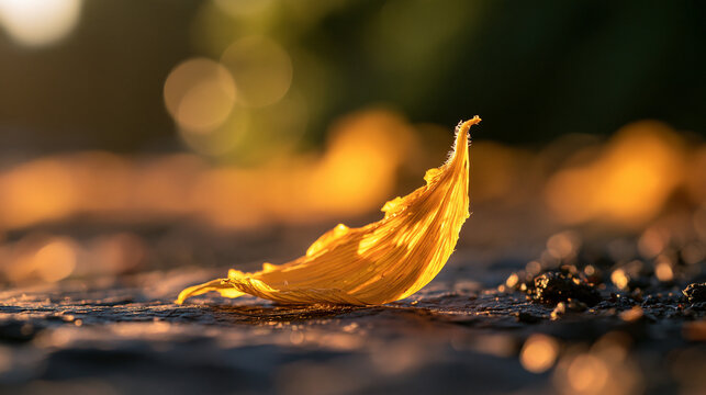 Dry Yellow Leaf Glowing in Warm Sunlight on Ground