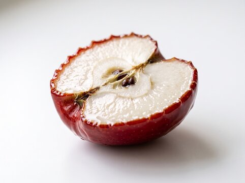​Main Subject: A half cross-section of a red apple resting horizontally.
