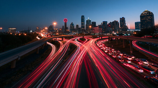 Dallas Cityscape with Highway Traffic Light Trails at Night