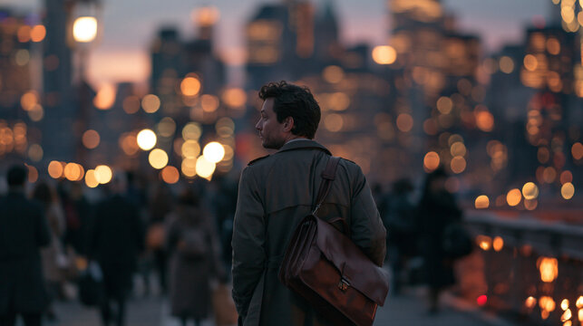 Urban Professional Walking in City During Evening Commute