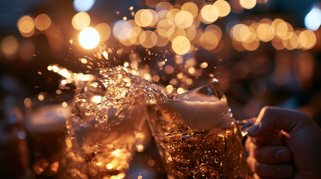 Beer Mugs Clinking and Splashing at Festive Celebration
