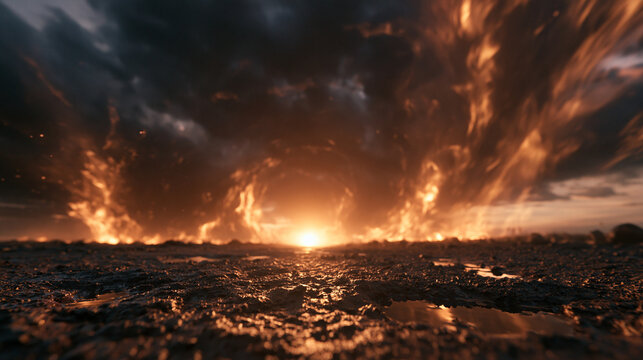Apocalyptic Firestorm Burning Across Barren Land at Sunset