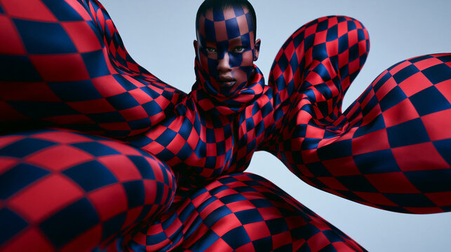 Fashion Model in Avant-Garde Red Checkerboard Outfit and Makeup