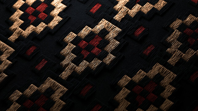 Geometric Ethnic Embroidery Pattern on Dark Textured Fabric