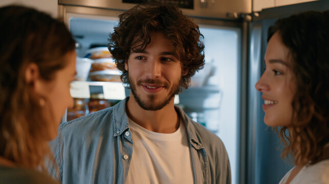 Three roommates in their late twenties negotiate shelf space in a shared apartment refrigerator, sticky-note labels marking each person's designated zones while takeout containers