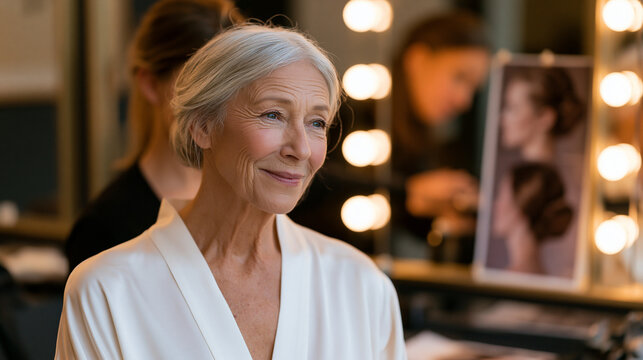 Senior bride at a salon station having her silver hair styled into a low chignon by a young stylist, a mood board of elegant updos pinned beside the mirror, warm vanity bulbs