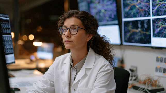 Neuroscientist in a dimly lit research lab studies amygdala fear conditioning data on wall-mounted monitors, surrounded by neural pathway diagrams, electrode cables, and annotated