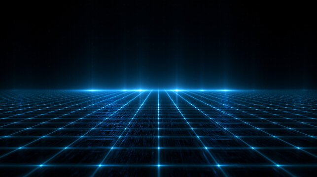 Futuristic Blue Neon Grid Landscape on Dark Digital Background