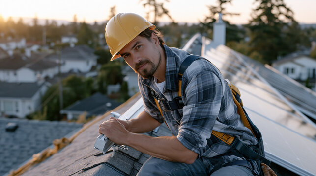 Solar panel installer securing mounting bracket to residential rooftop at golden hour, panel rows partially completed stretching across shingle surface, safety harness clipped to