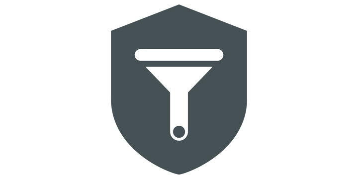 Shield funnel icon grey solid data filtering security protection sign.