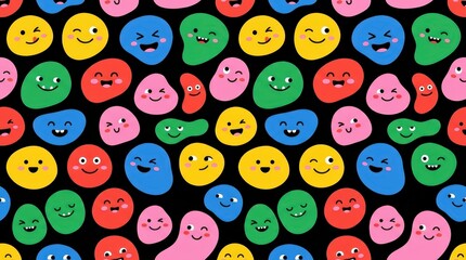 Fototapeta premium Colorful Seamless Pattern of Cute Blob Characters with Funny Happy Faces on Black Background for Kids Design