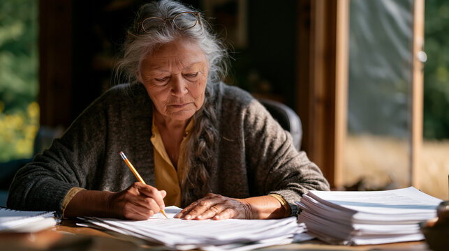 Retired female judge reviewing a stack of appellate briefs at a farmhouse dining table converted to a home office, reading glasses perched as she marks passages in pencil with