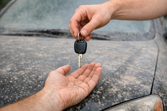A person hands a car key to someone else, possibly transferring ownership or giving permission