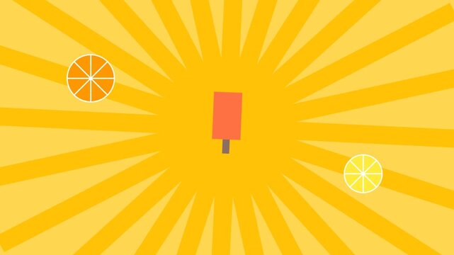 Orange popsicle with fresh citrus fruit slices on a bright sunny yellow summer sunburst background