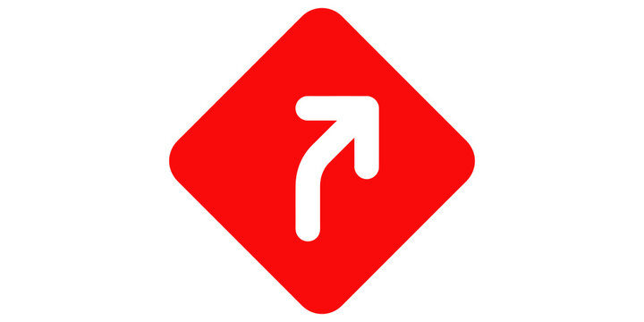 Red road sign icon with right turn arrow for traffic navigation aid.