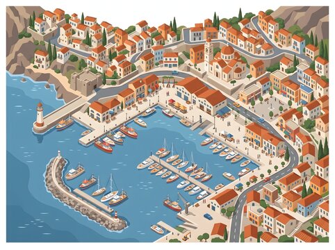 Seaside town harbor illustration depicts a detailed coastal village with boats and buildings