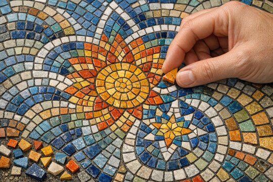 A person holds a small piece of wood in front of a colorful mosaic, providing a sense of curiosity and inquiry