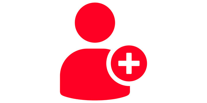 Red person icon with plus symbol for adding new user and account registration.