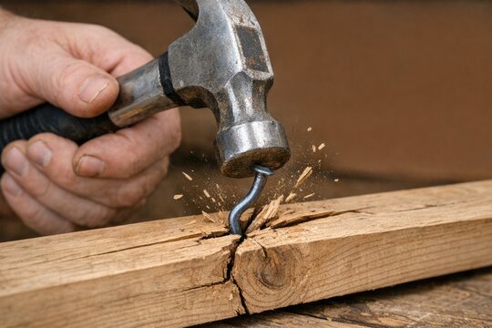 A person using a hammer to cut a piece of wood, suitable for DIY and construction images