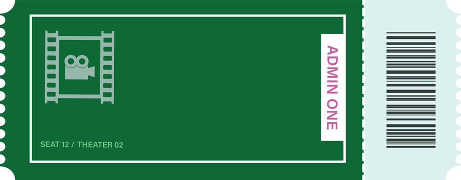 A green movie theater ticket with barcode isolated on transparent background. Cinema entertainment admission pass for film festivals and movie events.