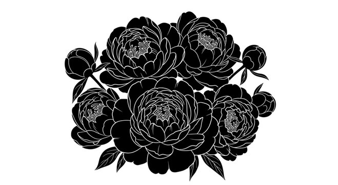 Black and white peony flower illustration with illustration bouquet peonies line art monochrome ornamental botanical flowers graphic design
