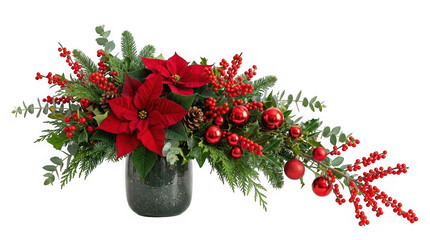 Naklejka premium Elegant christmas floral arrangement with poinsettia, pine branches, red berries, and ornaments isolated on transparent background