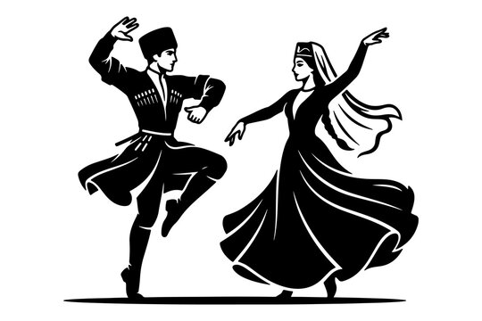 Traditional Georgian Folk Dance Couple Illustration in Black and White Silhouette Style