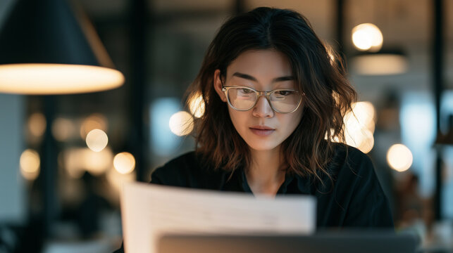 Young Asian woman reviewing a final draft document on her laptop at a bright office desk, medium shot, warm natural light, modern office bokeh background, realistic candid photogra