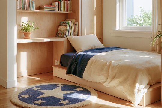 Child's bedroom featuring a wooden-paneled desk nook beneath a window, cozy bed with blue and beige bedding, and a round star-patterned rug on the wooden floor