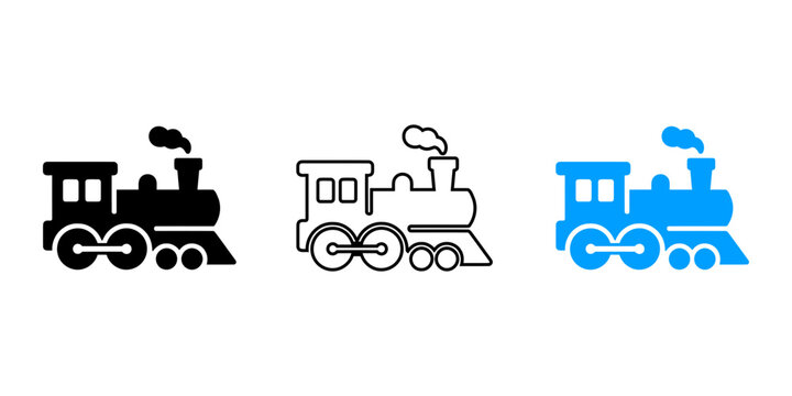 Set of minimalist steam locomotive train icons in solid outline and blue color variations
