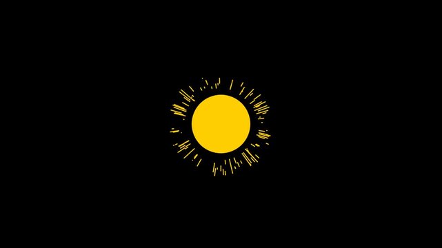 Bright yellow sun icon with simple rays isolated on a dark black background