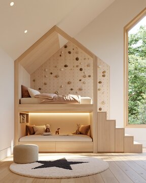 Built-in kids loft bed with climbing wall and cozy seating area, featuring natural wood tones and large window providing ample daylight in a modern interior