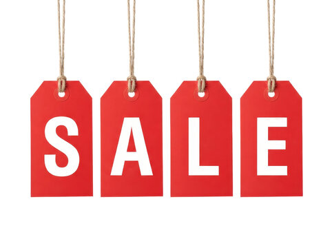 Four red price tags with letters S, A, L, E against a white backdrop, ideal for promotions.