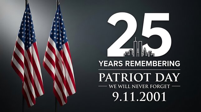 25 years remembering patriot day 9 11 2001 with two american flags and world trade center illustration.