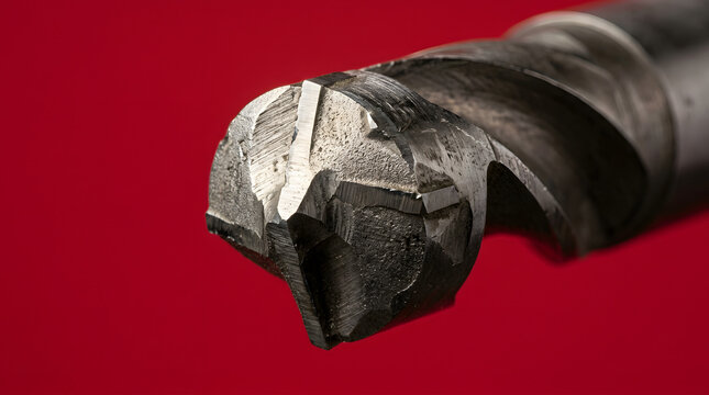 Industrial metal drill bit head featuring sharp cutting edges and hardened steel texture isolated against a vibrant deep red background