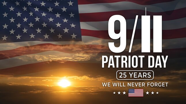 Patriot day 9/11 commemoration with american flag and sunset sky, remembrance of 25 years since attacks, honoring heroes and victims, solemn tribute, patriotic background.