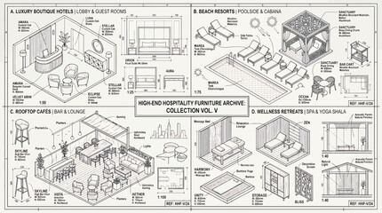 Fototapeta premium Hospitality furniture collection vol v isometric technical schematics