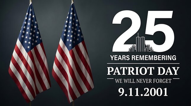 September 11 remembrance graphic featuring two american flags and text commemorating patriot day and 25 years since 9/11/2001.