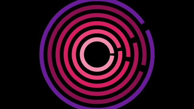 Abstract circular design with neon pink and purple concentric rings on a dark black background featuring a broken gap element for modern graphic art and technology concepts