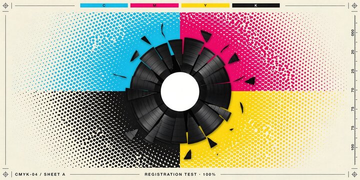 Vibrant CMYK halftone print test sheet with shattered black vinyl record graphic, cyan magenta yellow black calibration bars and retro registration marks design.