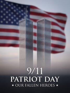 Iconic twin towers stand tall against blurred American flag backdrop for 9/11 Patriot Day honoring our fallen heroes on solemn remembrance.
