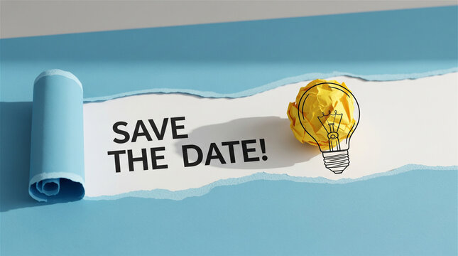 Peeled blue paper reveals a save the date reminder text with a yellow lightbulb.
