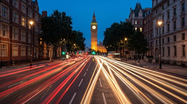 Big Ben with Traffic Light Trails at Night in London
