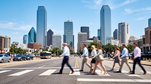 Business Professionals Crossing Street in Downtown City Skyline