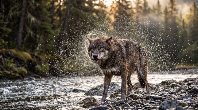 Wild Wolf Shaking Water Off Fur in River