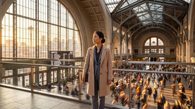 Businesswoman Standing in Crowded Train Station at Sunset